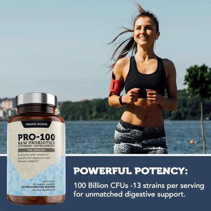 Vitamin Bounty Pro-100 Probiotic 100 Billion CFU - 13 Strains for Digestive Health & Immune Support - High Potency Probiotics for Women & Men - Delayed Release Capsules for Gut Health - 60 Count - Maple Wellness Supplements