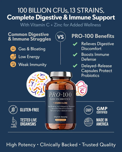 Vitamin Bounty Pro-100 Probiotic 100 Billion CFU - 13 Strains for Digestive Health & Immune Support - High Potency Probiotics for Women & Men - Delayed Release Capsules for Gut Health - 60 Count - Maple Wellness Supplements