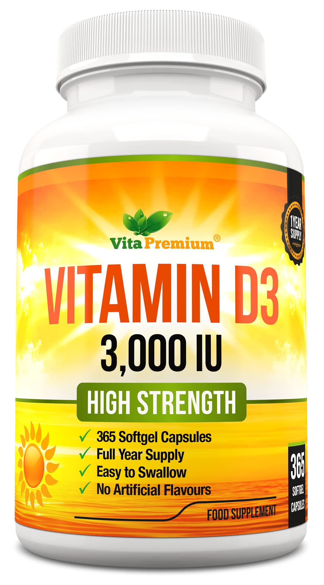 Vitamin D 3,000 IU, High Strength Vitamin D3 Supplement, 365 Easy to Swallow Softgels - Maple Wellness Supplements