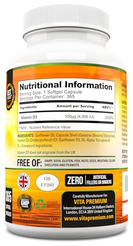 Vitamin D 4,000 IU Softgels, Maximum Strength Vitamin D3 Supplement, 365 Easy to Swallo - Maple Wellness Supplements