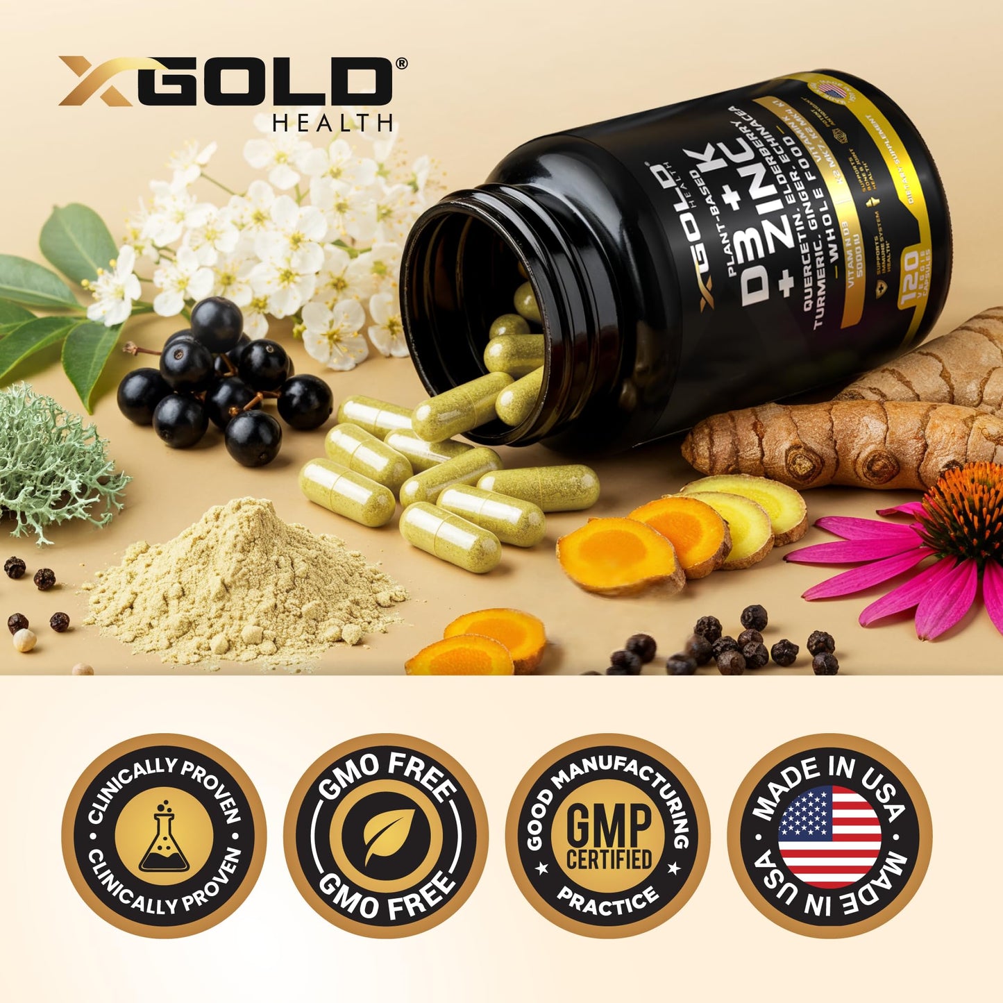 Vitamin D, K2, K1, Zinc, Quercetin, Elderberry, Turmeric, Ginger & Echinacea Whole Food Supplement 8 in 1- D3 5000 IU Plant-Based from Lichen, Vitamin K (K2 MK7, MK4, K1) - Maple Wellness Supplements