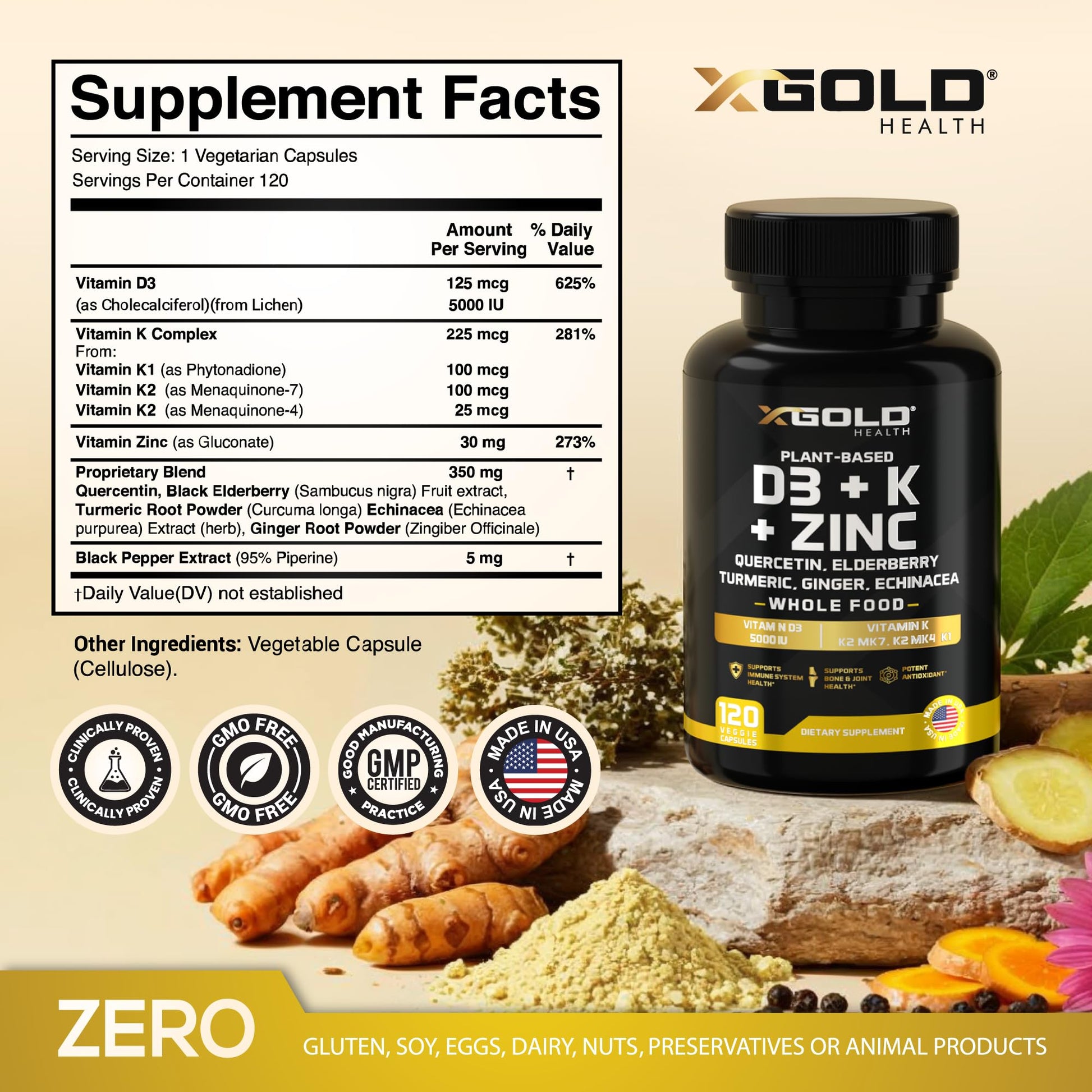 Vitamin D, K2, K1, Zinc, Quercetin, Elderberry, Turmeric, Ginger & Echinacea Whole Food Supplement 8 in 1- D3 5000 IU Plant-Based from Lichen, Vitamin K (K2 MK7, MK4, K1) - Maple Wellness Supplements