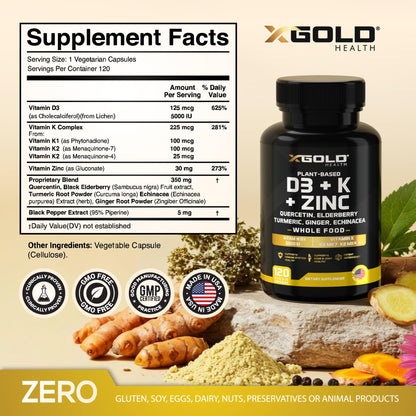 Vitamin D, K2, K1, Zinc, Quercetin, Elderberry, Turmeric, Ginger & Echinacea Whole Food Supplement 8 in 1- D3 5000 IU Plant-Based from Lichen, Vitamin K (K2 MK7, MK4, K1) - Maple Wellness Supplements
