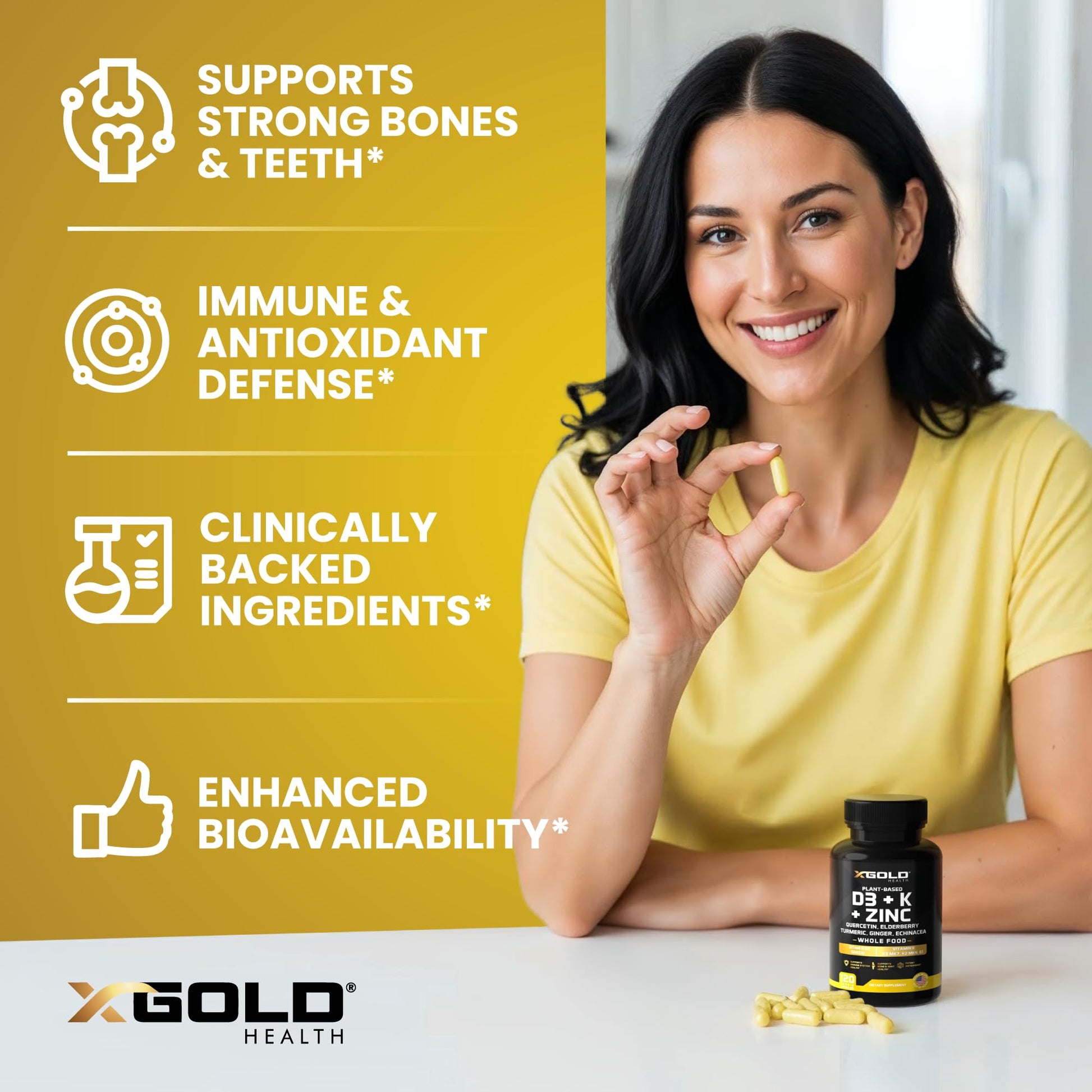 Vitamin D, K2, K1, Zinc, Quercetin, Elderberry, Turmeric, Ginger & Echinacea Whole Food Supplement 8 in 1- D3 5000 IU Plant-Based from Lichen, Vitamin K (K2 MK7, MK4, K1) - Maple Wellness Supplements