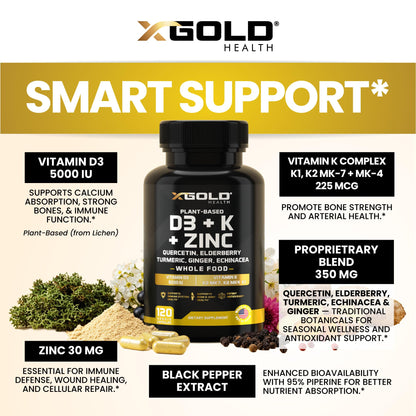 Vitamin D, K2, K1, Zinc, Quercetin, Elderberry, Turmeric, Ginger & Echinacea Whole Food Supplement 8 in 1- D3 5000 IU Plant-Based from Lichen, Vitamin K (K2 MK7, MK4, K1) - Maple Wellness Supplements