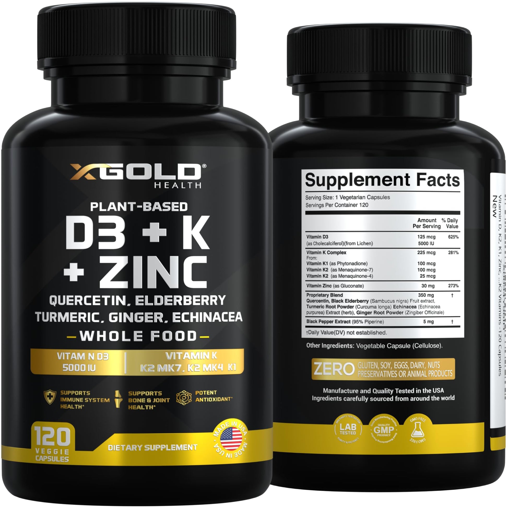 Vitamin D, K2, K1, Zinc, Quercetin, Elderberry, Turmeric, Ginger & Echinacea Whole Food Supplement 8 in 1- D3 5000 IU Plant-Based from Lichen, Vitamin K (K2 MK7, MK4, K1) - Maple Wellness Supplements