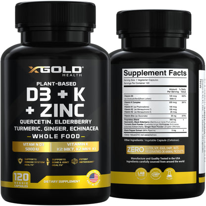 Vitamin D, K2, K1, Zinc, Quercetin, Elderberry, Turmeric, Ginger & Echinacea Whole Food Supplement 8 in 1- D3 5000 IU Plant-Based from Lichen, Vitamin K (K2 MK7, MK4, K1) - Maple Wellness Supplements