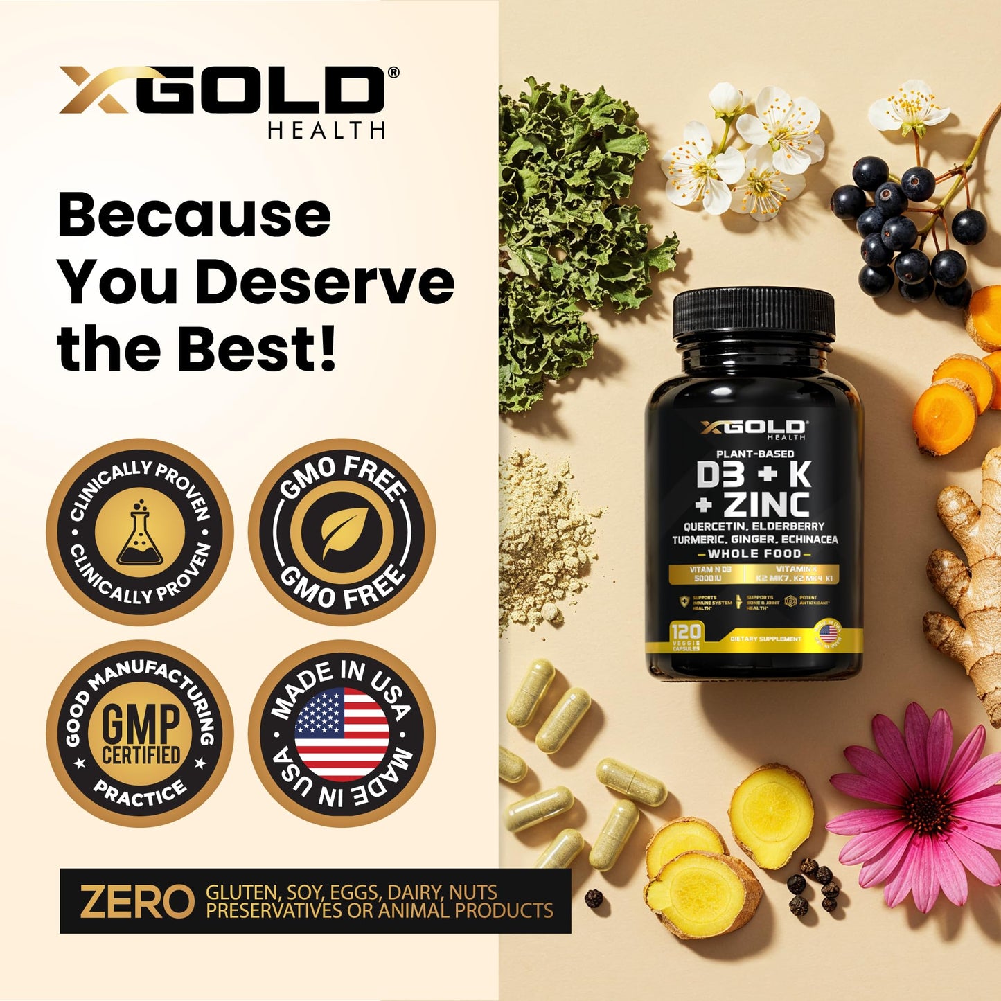 Vitamin D, K2, K1, Zinc, Quercetin, Elderberry, Turmeric, Ginger & Echinacea Whole Food Supplement 8 in 1- D3 5000 IU Plant-Based from Lichen, Vitamin K (K2 MK7, MK4, K1) - Maple Wellness Supplements