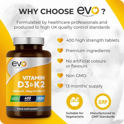 Vitamin D3 4000iu & Vitamin K2 100ug MK7 | 400 Vegetarian Tablets - 1 Year Supply - Maple Wellness Supplements