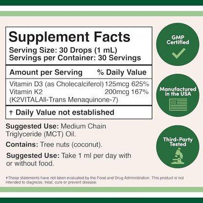 Vitamin D3 K2 5,000 IU Liquid Drops (5,000 IU of D3 and 200mcg of 99.9% All-Trans - Maple Wellness Supplements