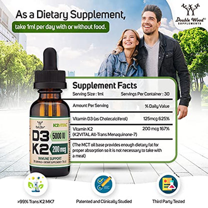 Vitamin D3 K2 5,000 IU Liquid Drops (5,000 IU of D3 and 200mcg of 99.9% All-Trans - Maple Wellness Supplements