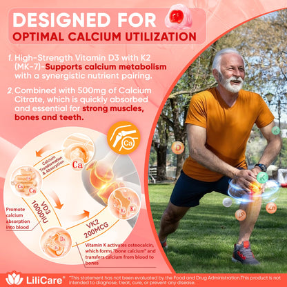 Vitamin D3 K2 Gummies 5000IU / 10,000 IU with 500mg Calcium + K2(MK-7) 200mcg, Magnesium, Vitamin C & Zinc, Extra Strength - Ultimate Absorbency for Bones - Maple Wellness Supplements