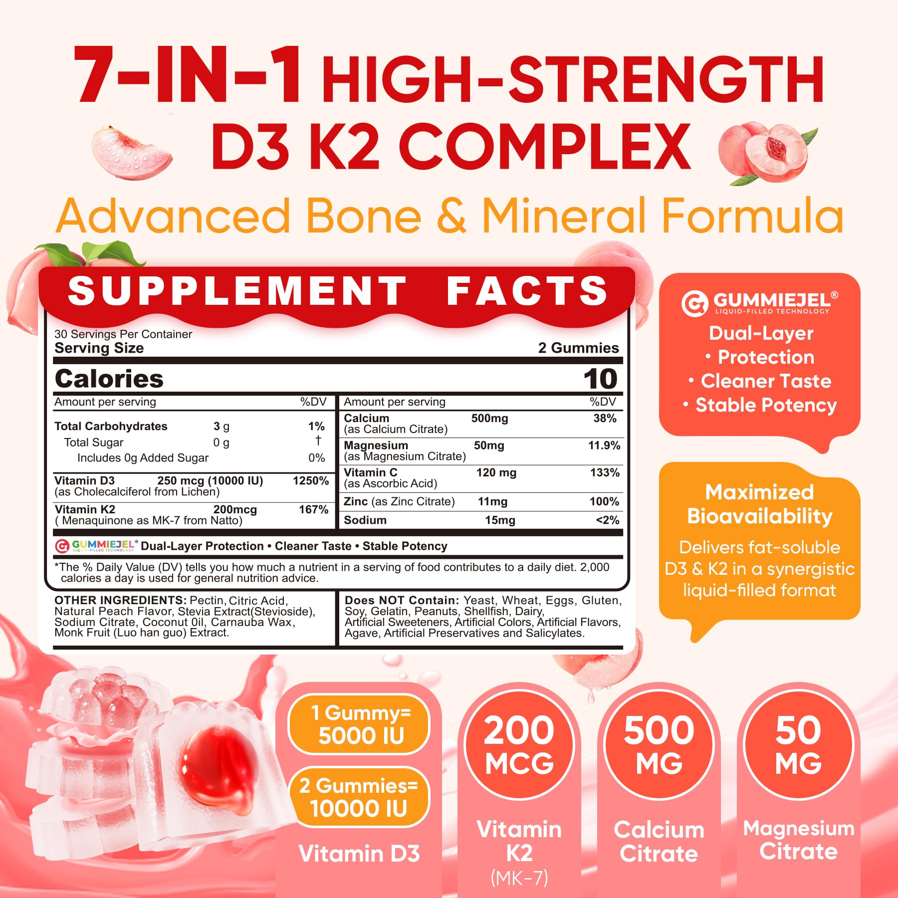 Vitamin D3 K2 Gummies 5000IU / 10,000 IU with 500mg Calcium + K2(MK-7) 200mcg, Magnesium, Vitamin C & Zinc, Extra Strength - Ultimate Absorbency for Bones - Maple Wellness Supplements
