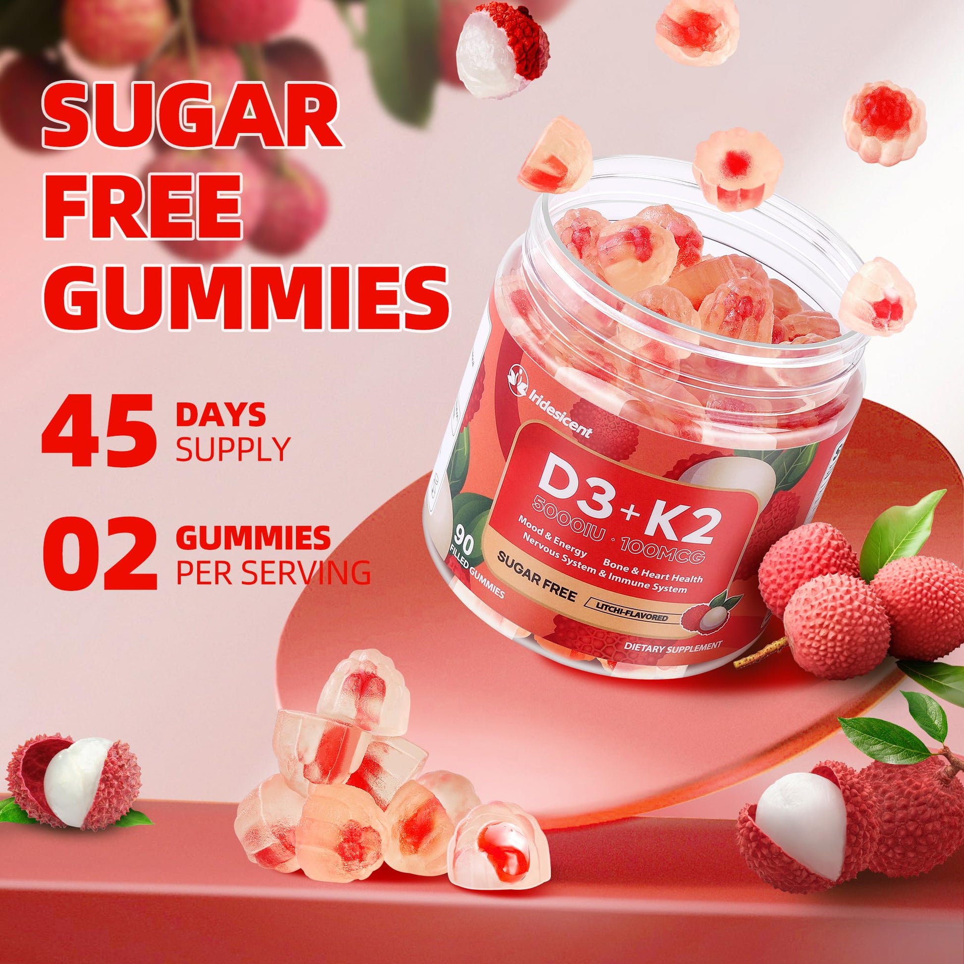 Vitamin D3 K2 Gummies w/Magnesium Sugar Free - 90 Count | D3 Vitamin 5,000 IU + K2(MK-7) 100 mcg - Vegan K2 D3 Vitamin Supplement, Highly Absorbent Supports Bone - Maple Wellness Supplements