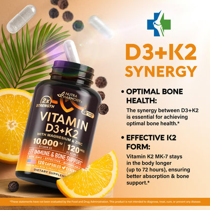 Vitamin D3 K2 - Vitamin D3 10000 iu & K2 as MK-7 120 mcg - Immune & Mood Support, for Bone & Teeth Health - with Magnesium, Zinc & Vitamin C & B12 - Highly Bioavailable - Maple Wellness Supplements