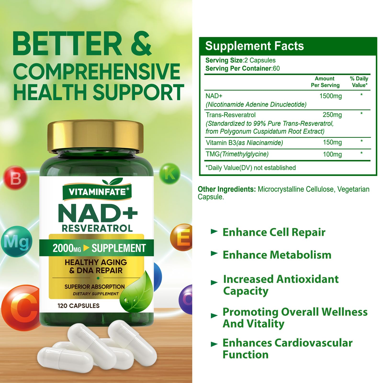 VITAMINFATE NAD+ Supplement 2000 mg - 120 Capsules True NAD+ & Resveratrol, NMN Alternative Supports Anti-Aging, Cellular Energy & Repair, Metabolism & Brain Boost for Men & Women - Maple Wellness Supplements