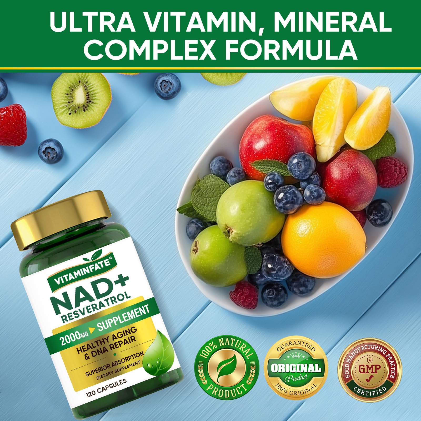VITAMINFATE NAD+ Supplement 2000 mg - 120 Capsules True NAD+ & Resveratrol, NMN Alternative Supports Anti-Aging, Cellular Energy & Repair, Metabolism & Brain Boost for Men & Women - Maple Wellness Supplements