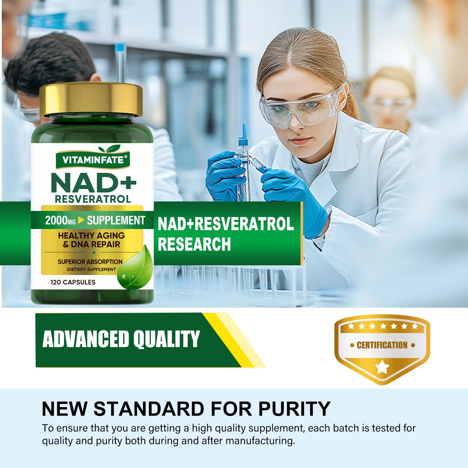 VITAMINFATE NAD+ Supplement 2000 mg - 120 Capsules True NAD+ & Resveratrol, NMN Alternative Supports Anti-Aging, Cellular Energy & Repair, Metabolism & Brain Boost for Men & Women - Maple Wellness Supplements