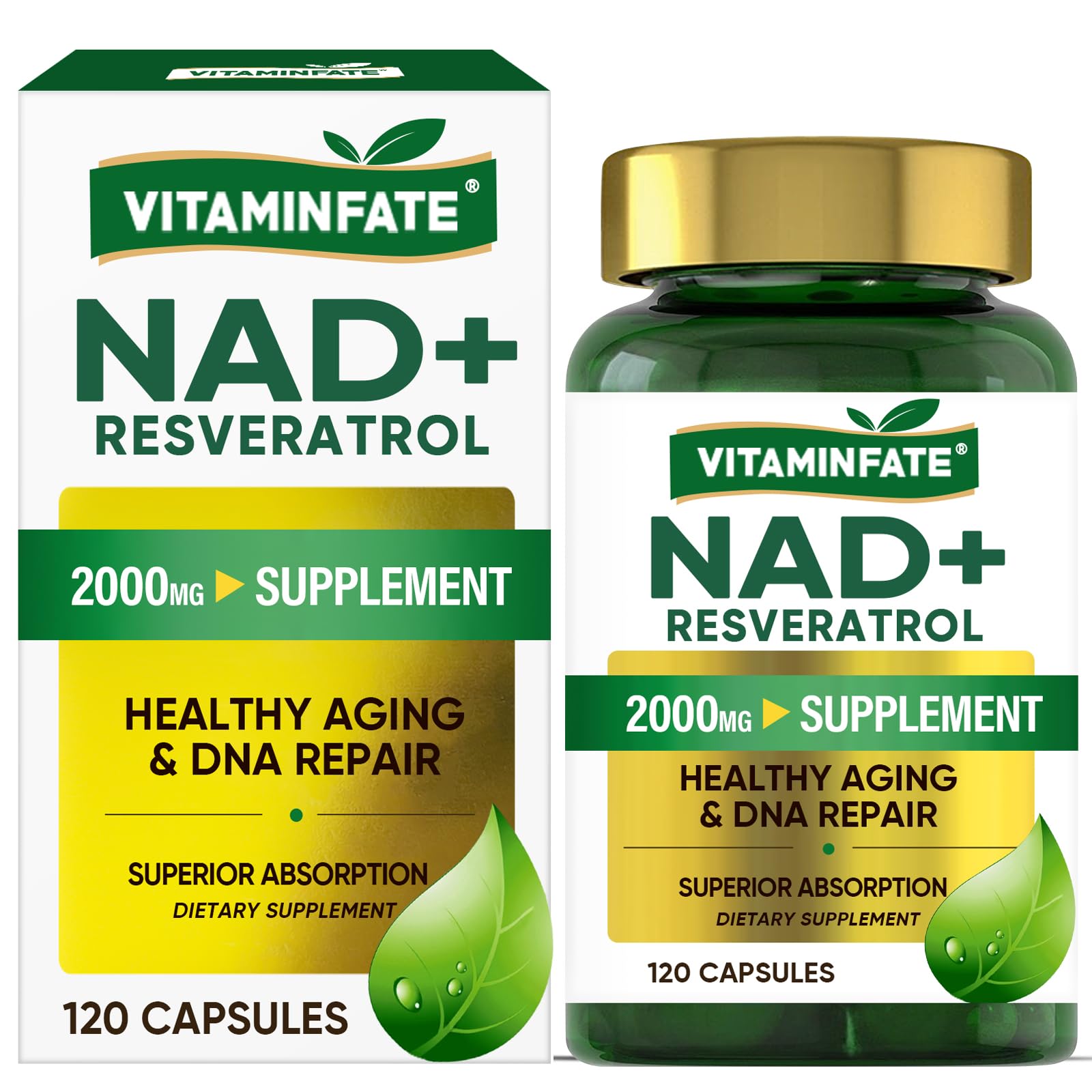 VITAMINFATE NAD+ Supplement 2000 mg - 120 Capsules True NAD+ & Resveratrol, NMN Alternative Supports Anti-Aging, Cellular Energy & Repair, Metabolism & Brain Boost for Men & Women - Maple Wellness Supplements