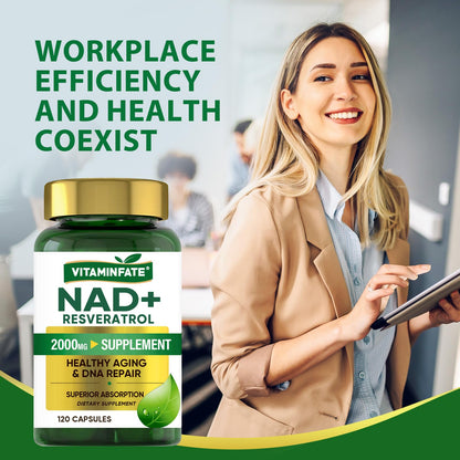 VITAMINFATE NAD+ Supplement 2000 mg - 120 Capsules True NAD+ & Resveratrol, NMN Alternative Supports Anti-Aging, Cellular Energy & Repair, Metabolism & Brain Boost for Men & Women - Maple Wellness Supplements