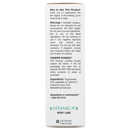 Vitanica V-Hydrate, Hyaluronic Acid Vaginal Suppositories for Comfort and Vaginal Hydration with Aloe Vera and Vitamin E, Hormone-Free & Drug-Free, Vegan, 2 Month Supply, 24 Count - Maple Wellness Supplements
