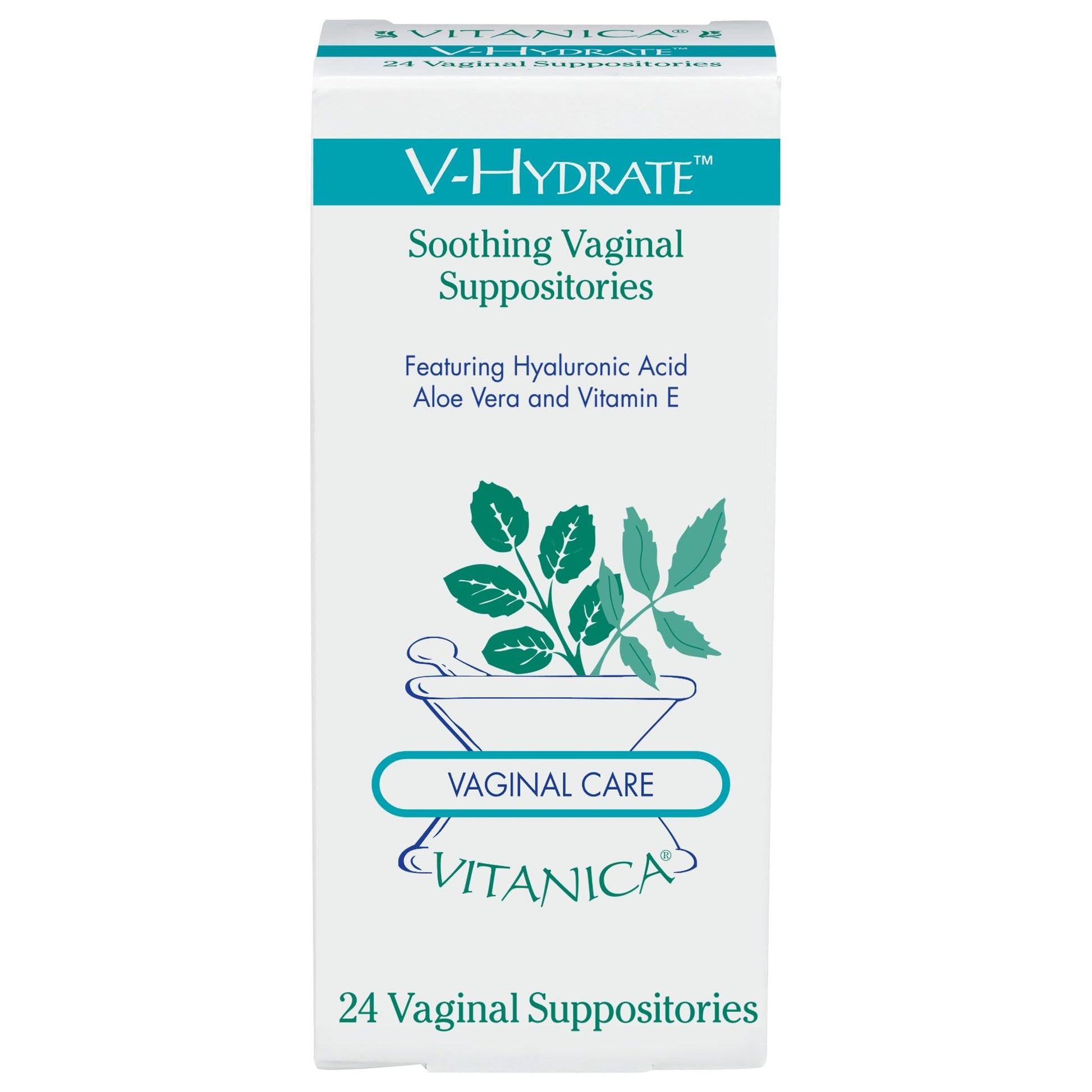 Vitanica V-Hydrate, Hyaluronic Acid Vaginal Suppositories for Comfort and Vaginal Hydration with Aloe Vera and Vitamin E, Hormone-Free & Drug-Free, Vegan, 2 Month Supply, 24 Count - Maple Wellness Supplements