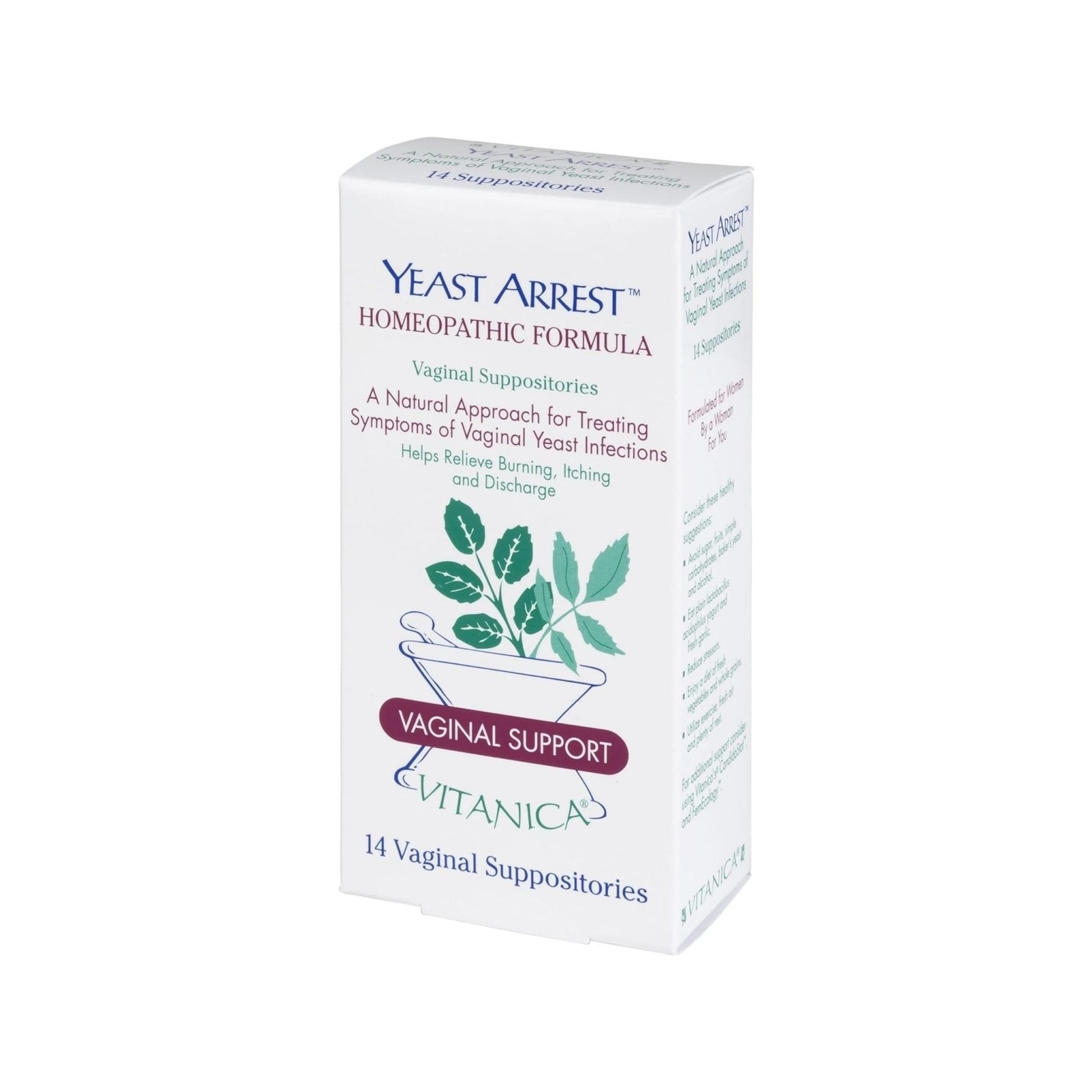 Vitanica Yeast Arrest, Homeopathic Vaginal Suppositories, for Yeast Infection Symptoms, Relieves Burning, Itching & Discharge, with Boric Acid, Tea Tree Oil & Probiotics, Vegan (Pro Logo, 14ct) - Maple Wellness Supplements