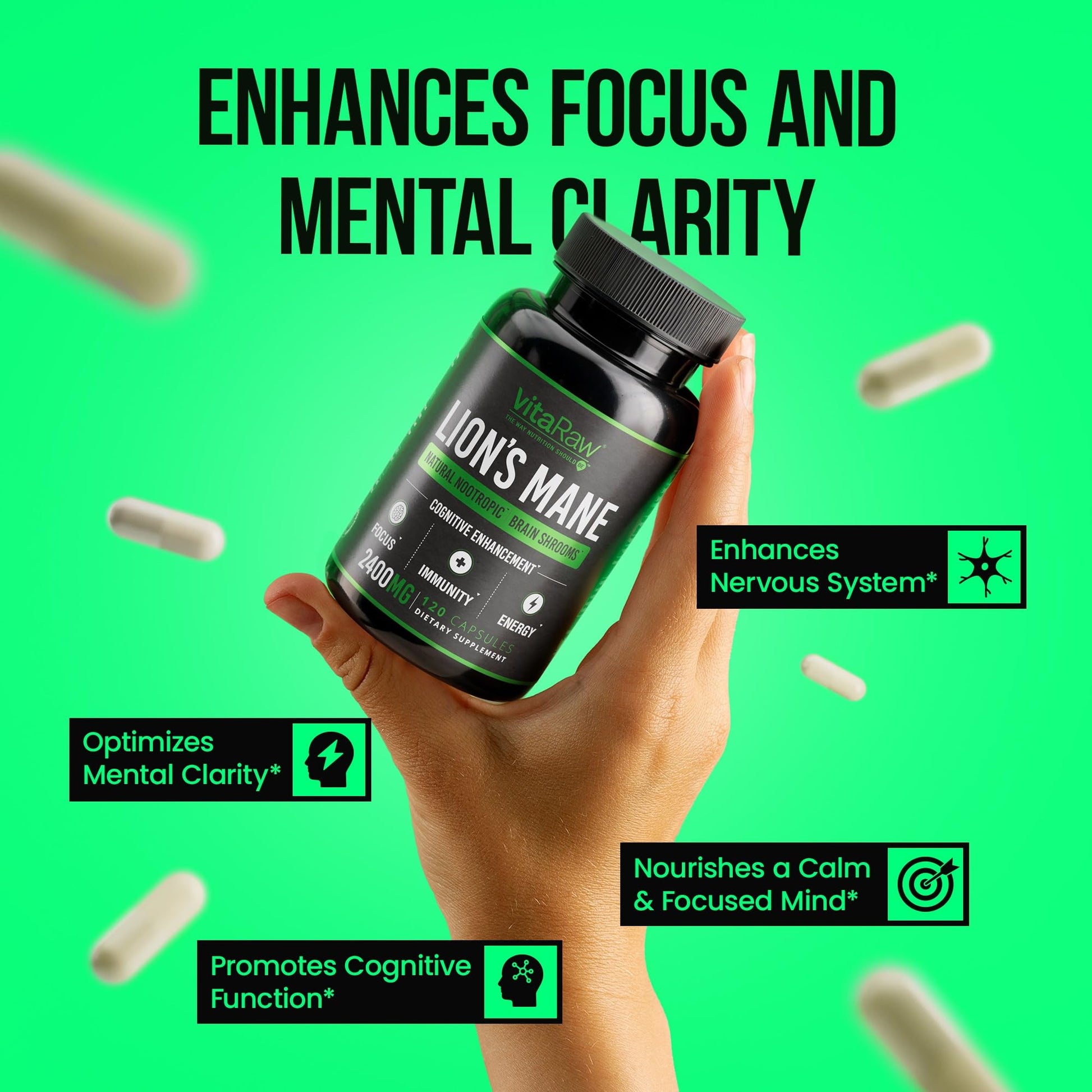 VitaRaw Organic Lions Mane Supplement Capsules 2400 mg - Powerful Nootropic - Helps Maintain Memory, Energy, and Mental Clarity - Vegan Brain Booster Focus Pills - Real Lion's Mane Supplement - Maple Wellness Supplements
