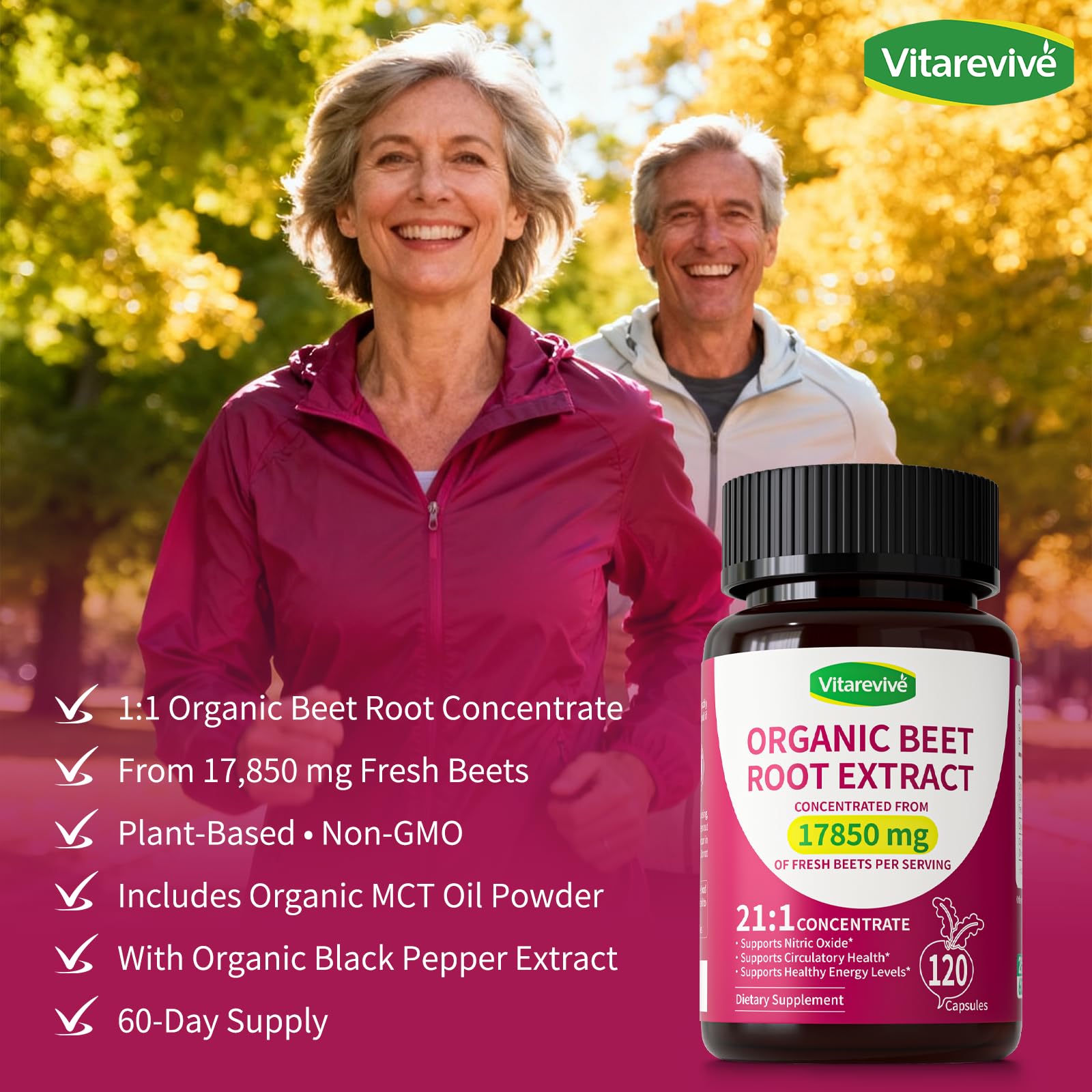 Vitarevive Organic Beet Root Capsules with Beetroot Extract 17850mg 21:1 Concentrated Beetroot Supplement Supports Circulation and Nitric Oxide - Maple Wellness Supplements