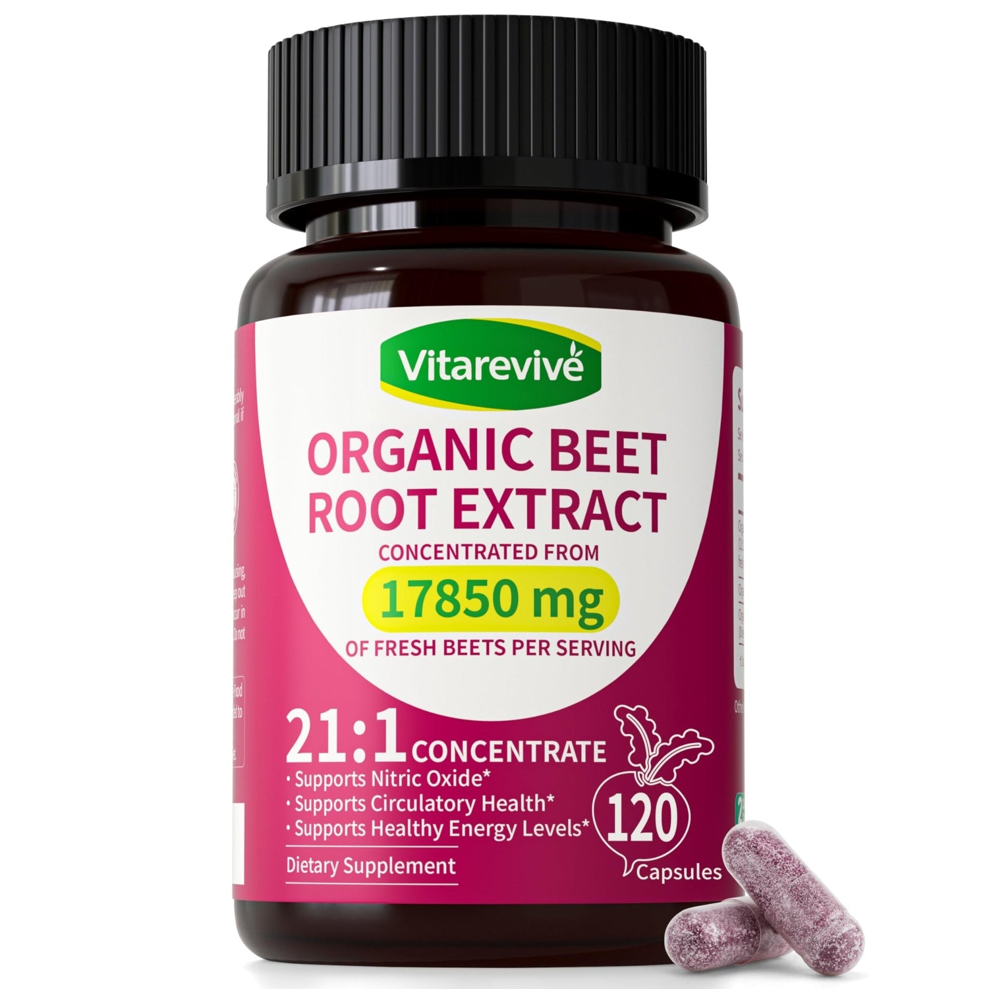 Vitarevive Organic Beet Root Capsules with Beetroot Extract 17850mg 21:1 Concentrated Beetroot Supplement Supports Circulation and Nitric Oxide - Maple Wellness Supplements