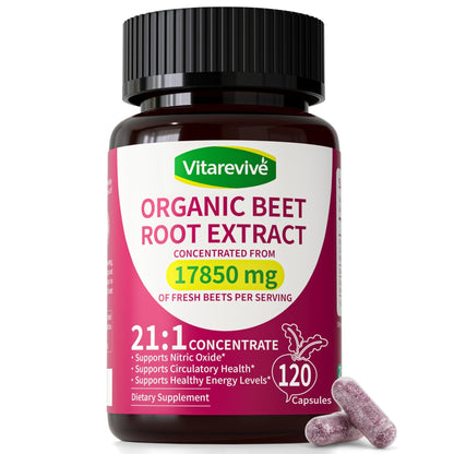 Vitarevive Organic Beet Root Capsules with Beetroot Extract 17850mg 21:1 Concentrated Beetroot Supplement Supports Circulation and Nitric Oxide - Maple Wellness Supplements