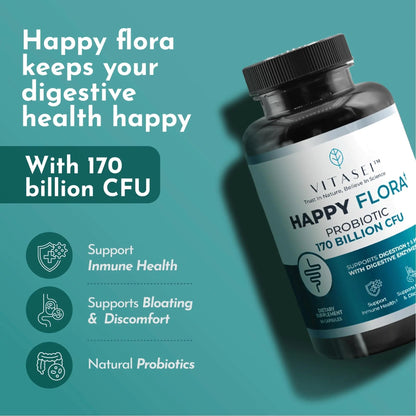 VITASEI Happy Flora, Probiotic Supplement 170 Billion CFU for a Healthy Gut Health with enzymes for Digestion, probiotics for Women and Men, 1 Bottle - 60 Capsules - Maple Wellness Supplements