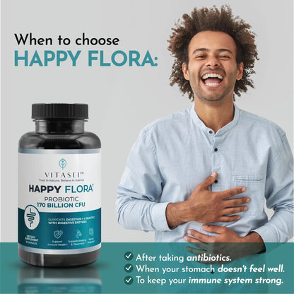 VITASEI Happy Flora, Probiotic Supplement 170 Billion CFU for a Healthy Gut Health with enzymes for Digestion, probiotics for Women and Men, 1 Bottle - 60 Capsules - Maple Wellness Supplements