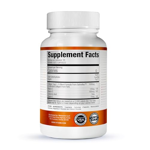 VITASEI Salmoflex Marine Collagen Peptides Pills W/Hyaluronic Acid, Vitamin C, D, E | Salmon Supplements - Hair, Skin, Nails | Multivitamin for Women & Men | Knee, Joint Relief - 60 Capsules - Maple Wellness Supplements