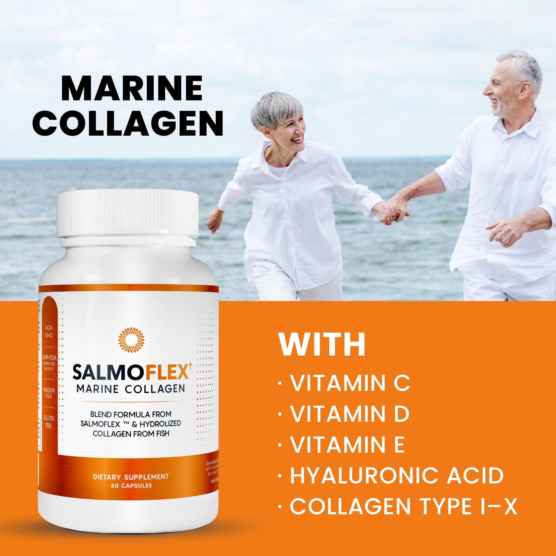 VITASEI Salmoflex Marine Collagen Peptides Pills W/Hyaluronic Acid, Vitamin C, D, E | Salmon Supplements - Hair, Skin, Nails | Multivitamin for Women & Men | Knee, Joint Relief - 60 Capsules - Maple Wellness Supplements