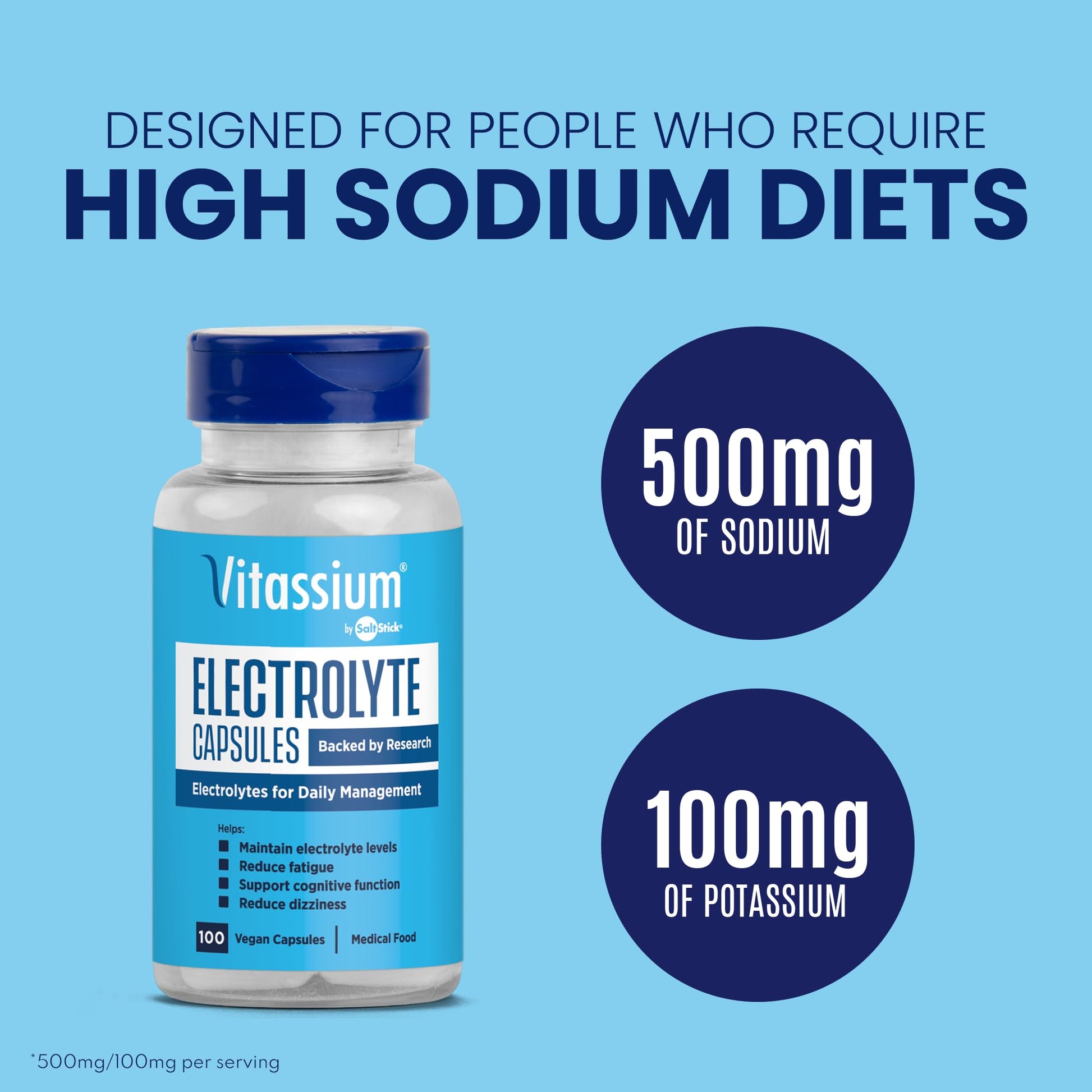 Vitassium Electrolyte Capsules, Electrolytes for The Management of POTS and High Sodium Diets (500mg Sodium - 100mg Potassium) - Maple Wellness Supplements