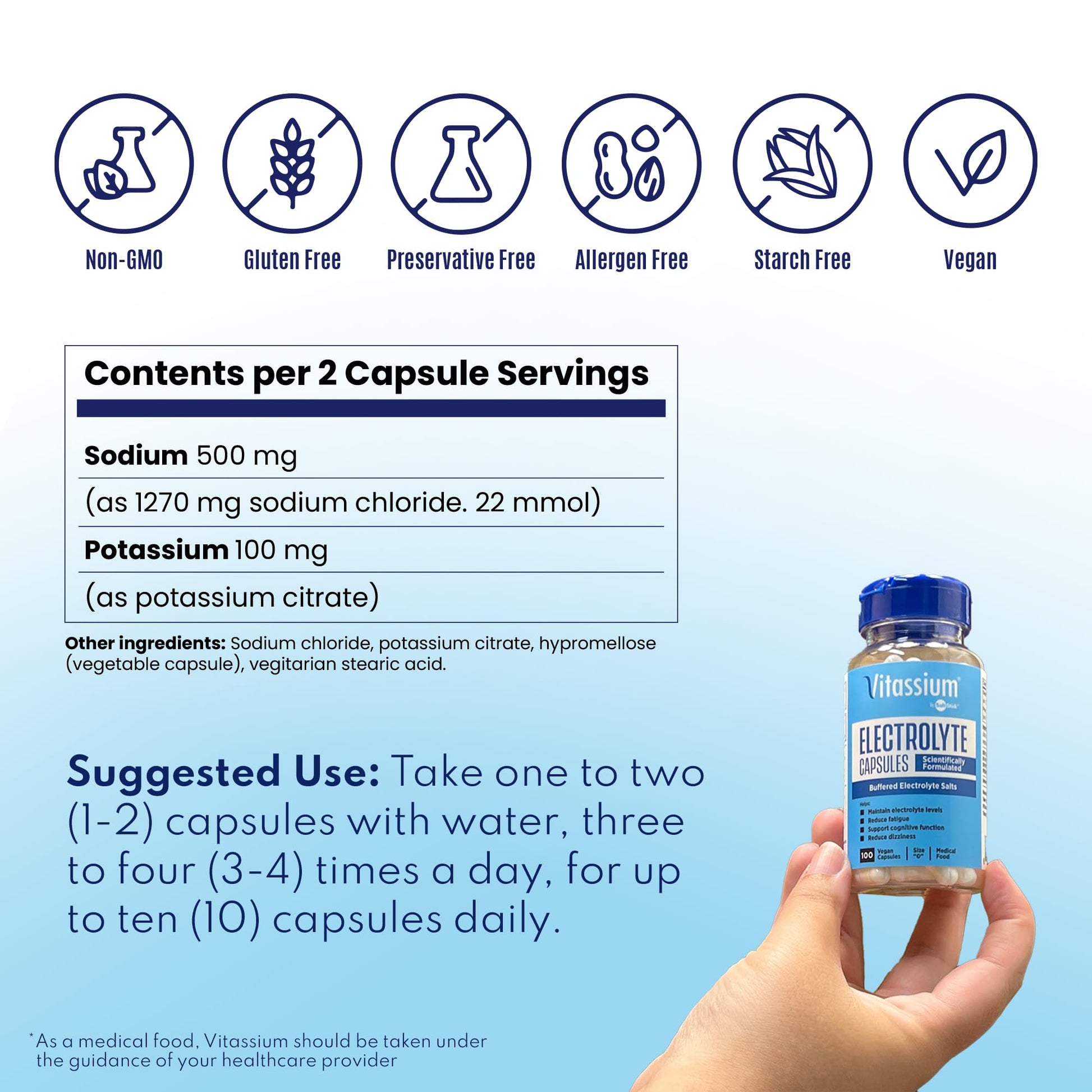 Vitassium Electrolyte Capsules, Electrolytes for The Management of POTS and High Sodium Diets (500mg Sodium - 100mg Potassium) - Maple Wellness Supplements