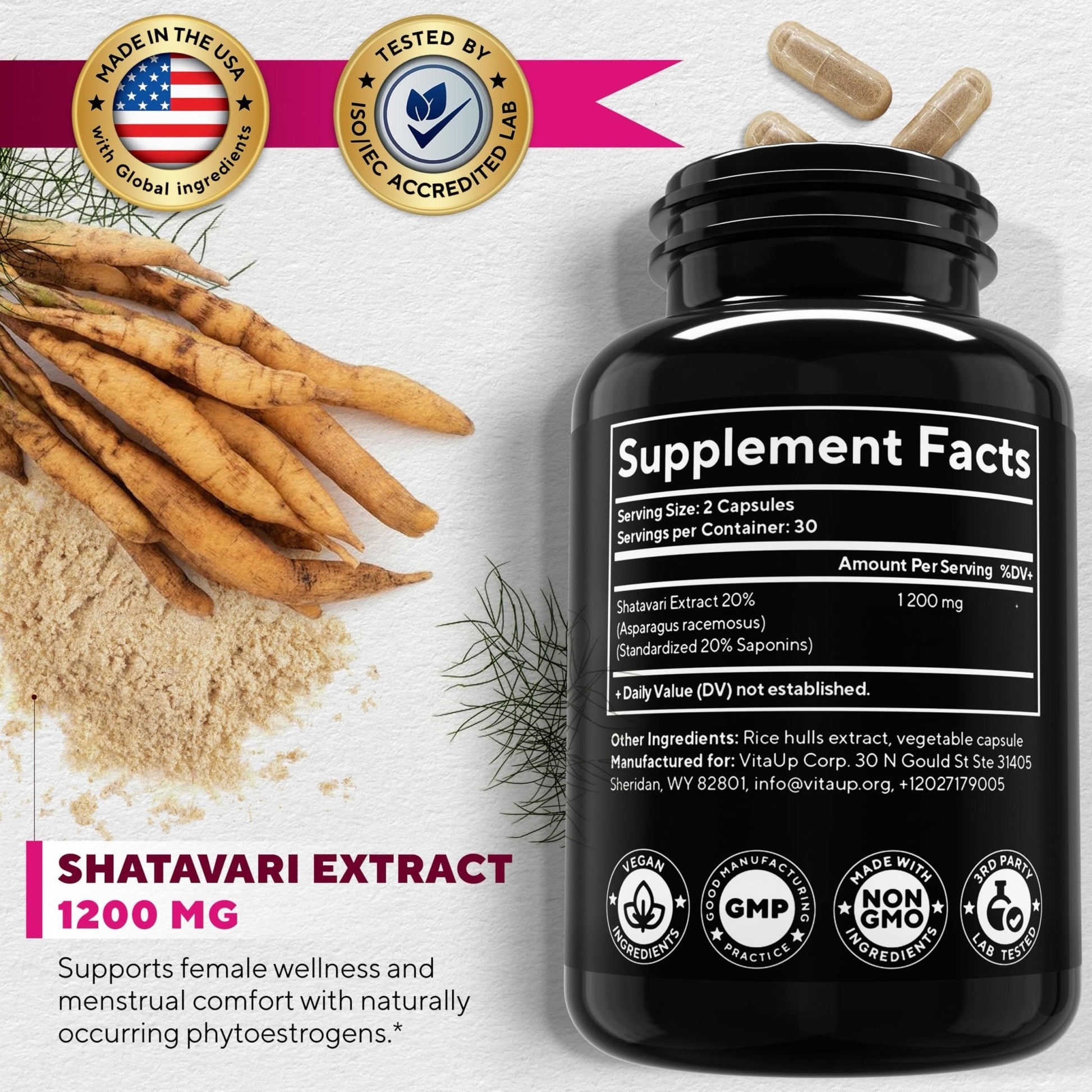 VitaUp Shatavari Capsules for Women 1200mg - USA Made Shatavari Root Supplement for Normal Hormonal Support, Menopause & Menstrual Wellness - 60 Vegan Capsules - Maple Wellness Supplements
