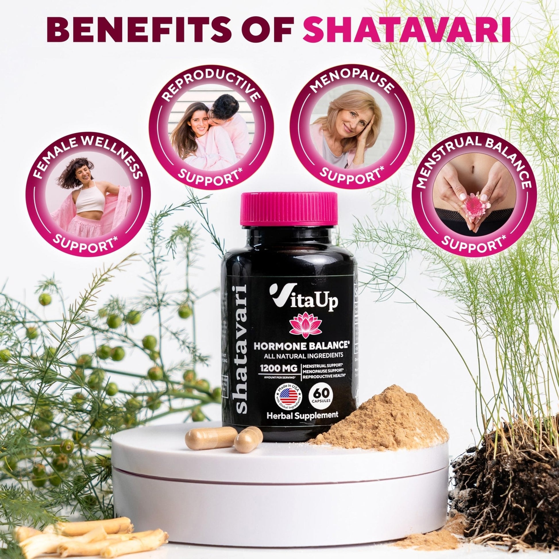 VitaUp Shatavari Capsules for Women 1200mg - USA Made Shatavari Root Supplement for Normal Hormonal Support, Menopause & Menstrual Wellness - 60 Vegan Capsules - Maple Wellness Supplements