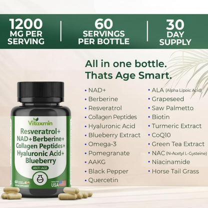 vitaxmin NAD Resveratrol Supplement 200mg with Berberine NAC Collagen - Nicotinamide Riboside NMN NADH CoQ10 Biotin Hyaluronic Acid - Hair Skin Nails Supplement - 60 Capsules - Maple Wellness Supplements