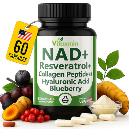 vitaxmin NAD Resveratrol Supplement 200mg with Berberine NAC Collagen - Nicotinamide Riboside NMN NADH CoQ10 Biotin Hyaluronic Acid - Hair Skin Nails Supplement - 60 Capsules - Maple Wellness Supplements