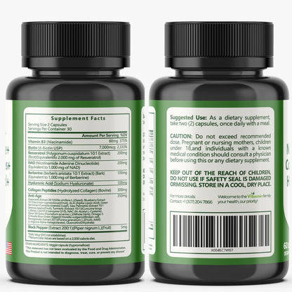 vitaxmin NAD Resveratrol Supplement 200mg with Berberine NAC Collagen - Nicotinamide Riboside NMN NADH CoQ10 Biotin Hyaluronic Acid - Hair Skin Nails Supplement - 60 Capsules - Maple Wellness Supplements