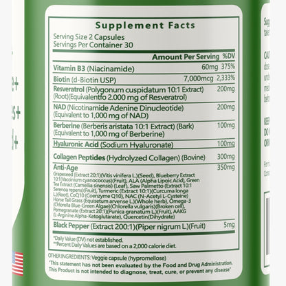 vitaxmin NAD Resveratrol Supplement 200mg with Berberine NAC Collagen - Nicotinamide Riboside NMN NADH CoQ10 Biotin Hyaluronic Acid - Hair Skin Nails Supplement - 60 Capsules - Maple Wellness Supplements