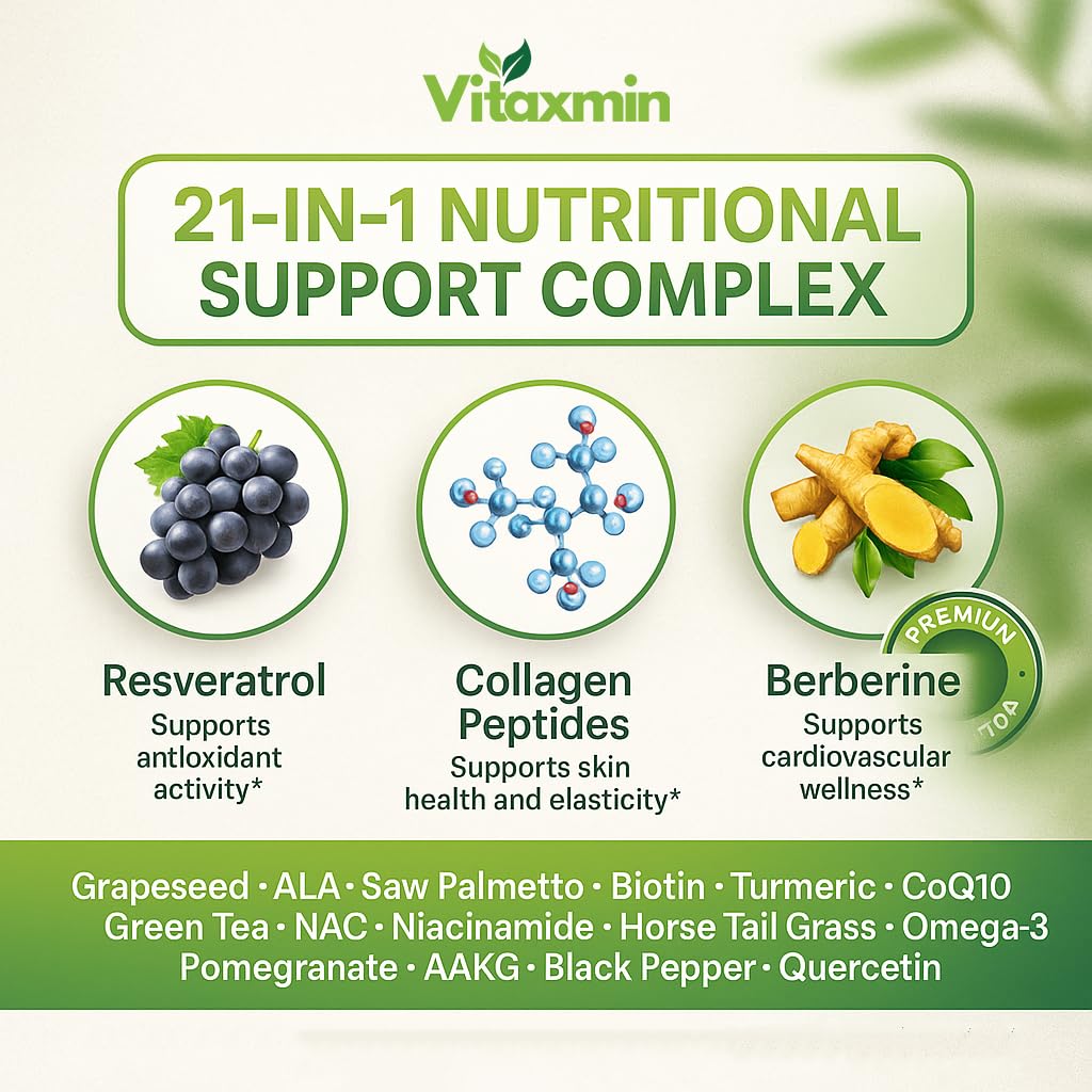 vitaxmin NAD Resveratrol Supplement 200mg with Berberine NAC Collagen - Nicotinamide Riboside NMN NADH CoQ10 Biotin Hyaluronic Acid - Hair Skin Nails Supplement - 60 Capsules - Maple Wellness Supplements