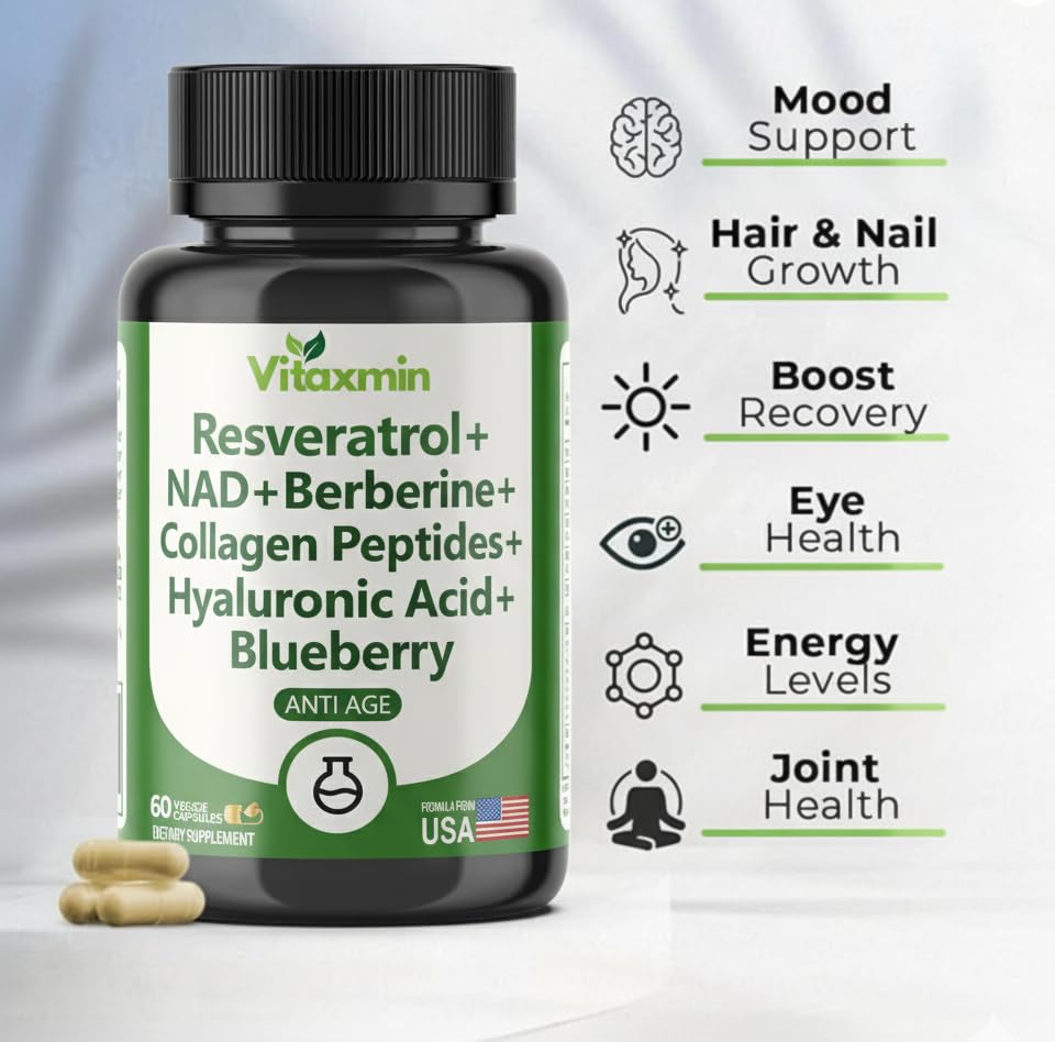vitaxmin NAD Resveratrol Supplement 200mg with Berberine NAC Collagen - Nicotinamide Riboside NMN NADH CoQ10 Biotin Hyaluronic Acid - Hair Skin Nails Supplement - 60 Capsules - Maple Wellness Supplements
