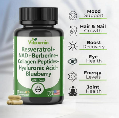 vitaxmin NAD Resveratrol Supplement 200mg with Berberine NAC Collagen - Nicotinamide Riboside NMN NADH CoQ10 Biotin Hyaluronic Acid - Hair Skin Nails Supplement - 60 Capsules - Maple Wellness Supplements