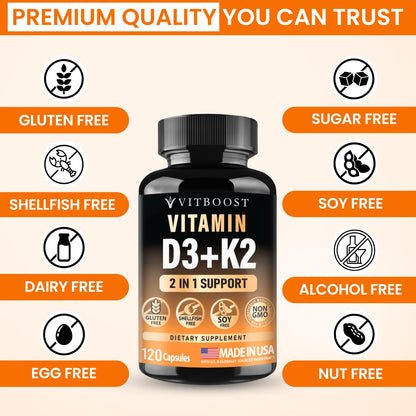 VITBOOST Vitamin D3 K2 Complex - Easy to Swallow - Vitamin D (D3) 5000 IU (125 mcg) & K2(MK-7) 90 mcg | Non-GMO | Gluten-Free - Maple Wellness Supplements