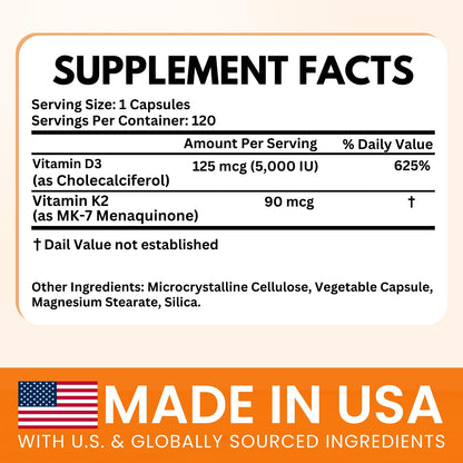 VITBOOST Vitamin D3 K2 Complex - Easy to Swallow - Vitamin D (D3) 5000 IU (125 mcg) & K2(MK-7) 90 mcg | Non-GMO | Gluten-Free - Maple Wellness Supplements