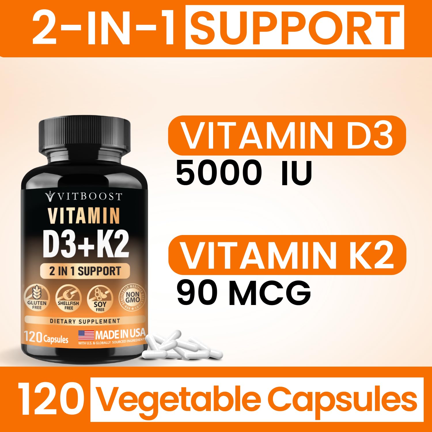 VITBOOST Vitamin D3 K2 Complex - Easy to Swallow - Vitamin D (D3) 5000 IU (125 mcg) & K2(MK-7) 90 mcg | Non-GMO | Gluten-Free - Maple Wellness Supplements