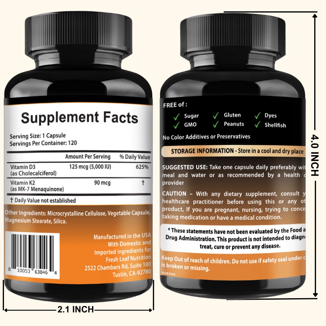 VITBOOST Vitamin D3 K2 Complex - Easy to Swallow - Vitamin D (D3) 5000 IU (125 mcg) & K2(MK-7) 90 mcg | Non-GMO | Gluten-Free - Maple Wellness Supplements